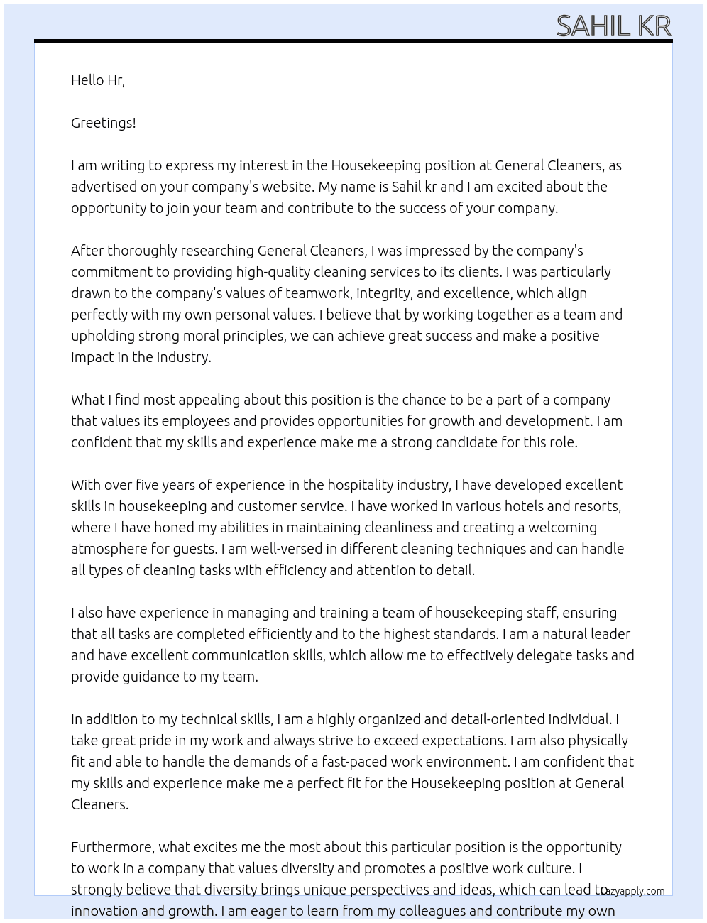 Housekeeping  At General cleaners Cover Letter
