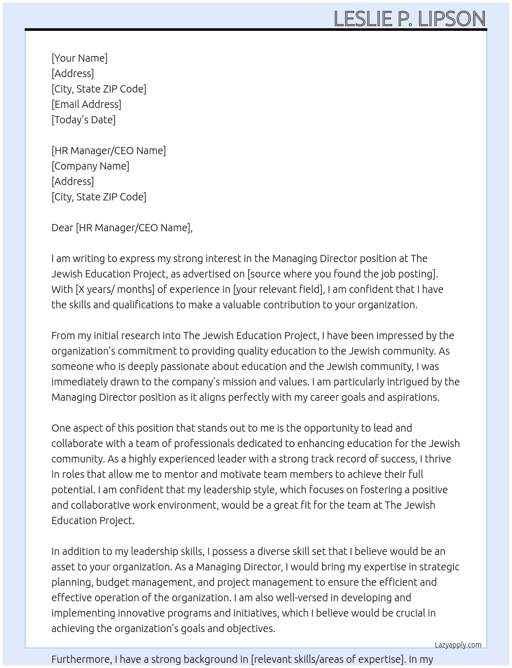 Managing Director At The Jewish Education Project Cover Letter