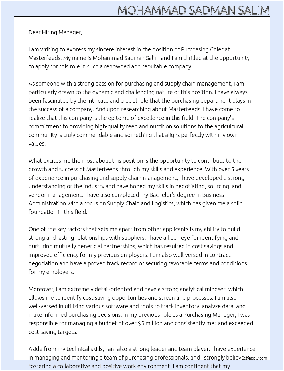 Purchasing Chief At Masterfeeds Cover Letter