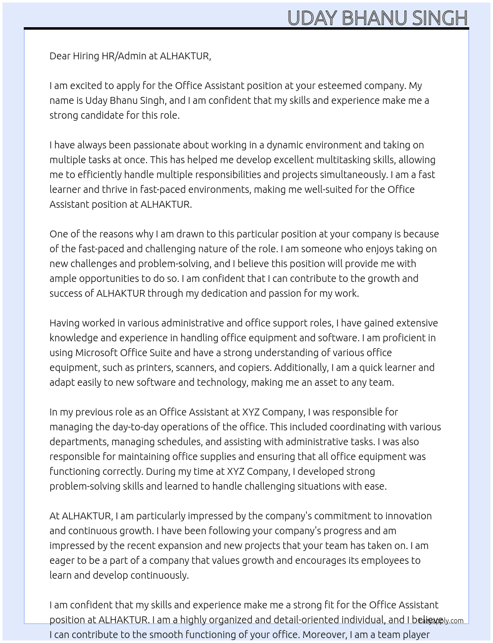 Office Assistant At ALHAKTUR Cover Letter