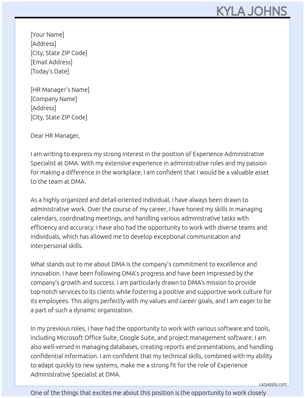 Experience Administrative Specialist At DMA Cover Letter