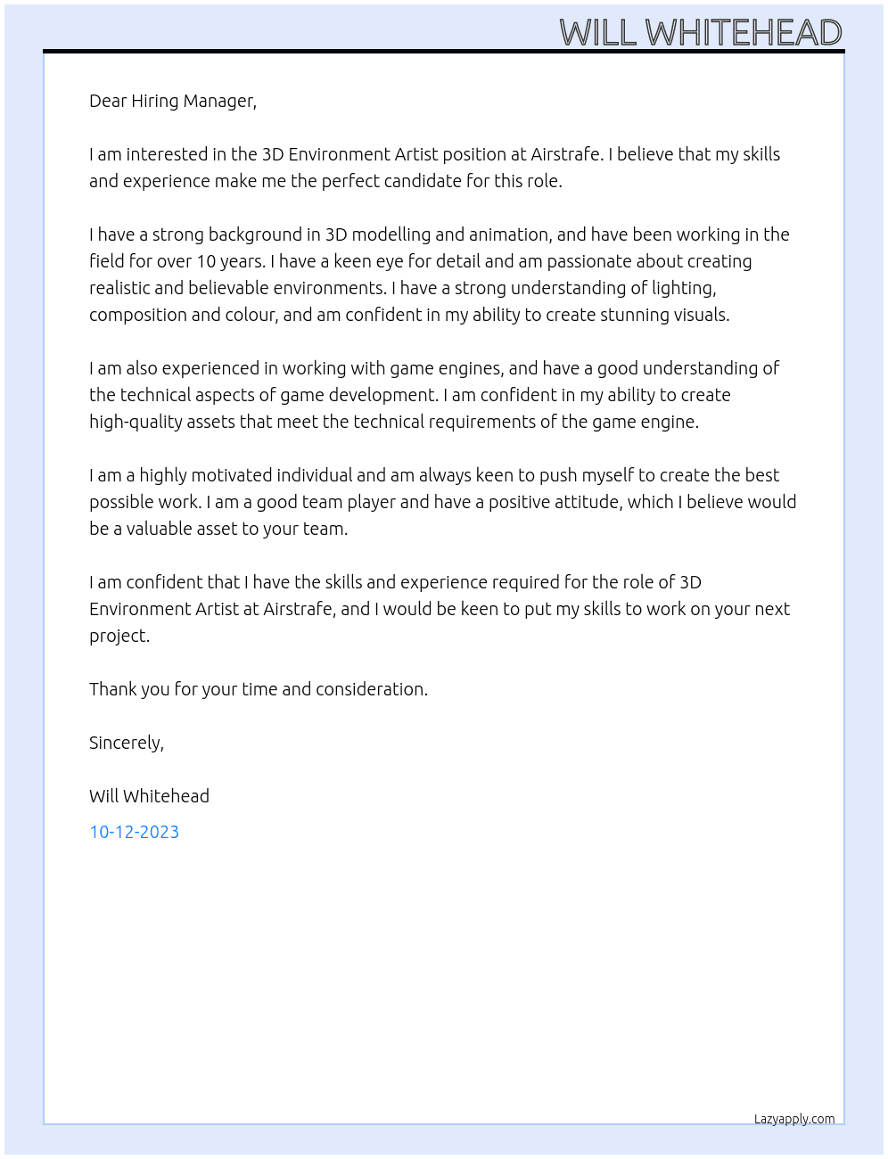 3D Environment Artist At Airstrafe Cover Letter
