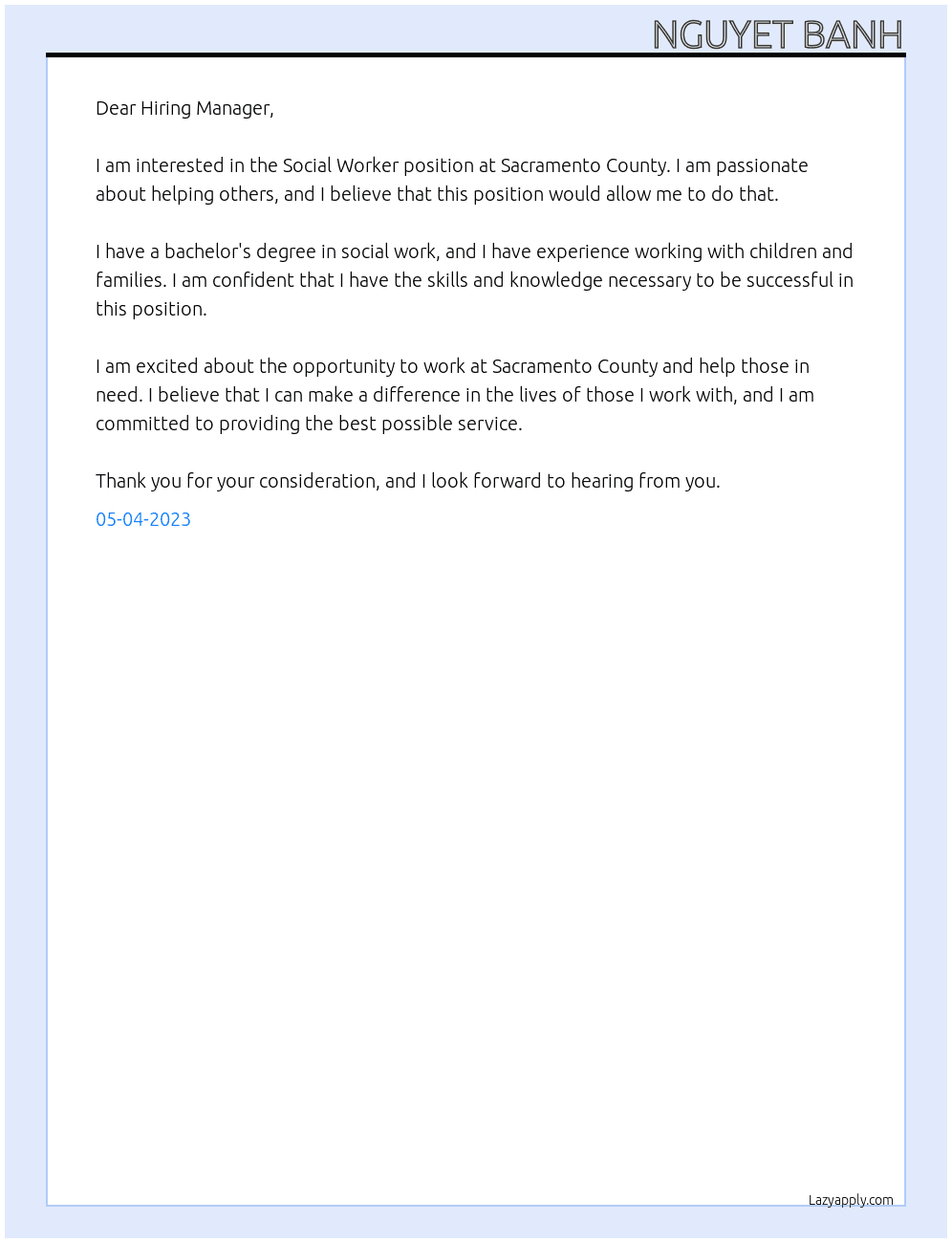 Social Worker At Sacramento County Cover Letter