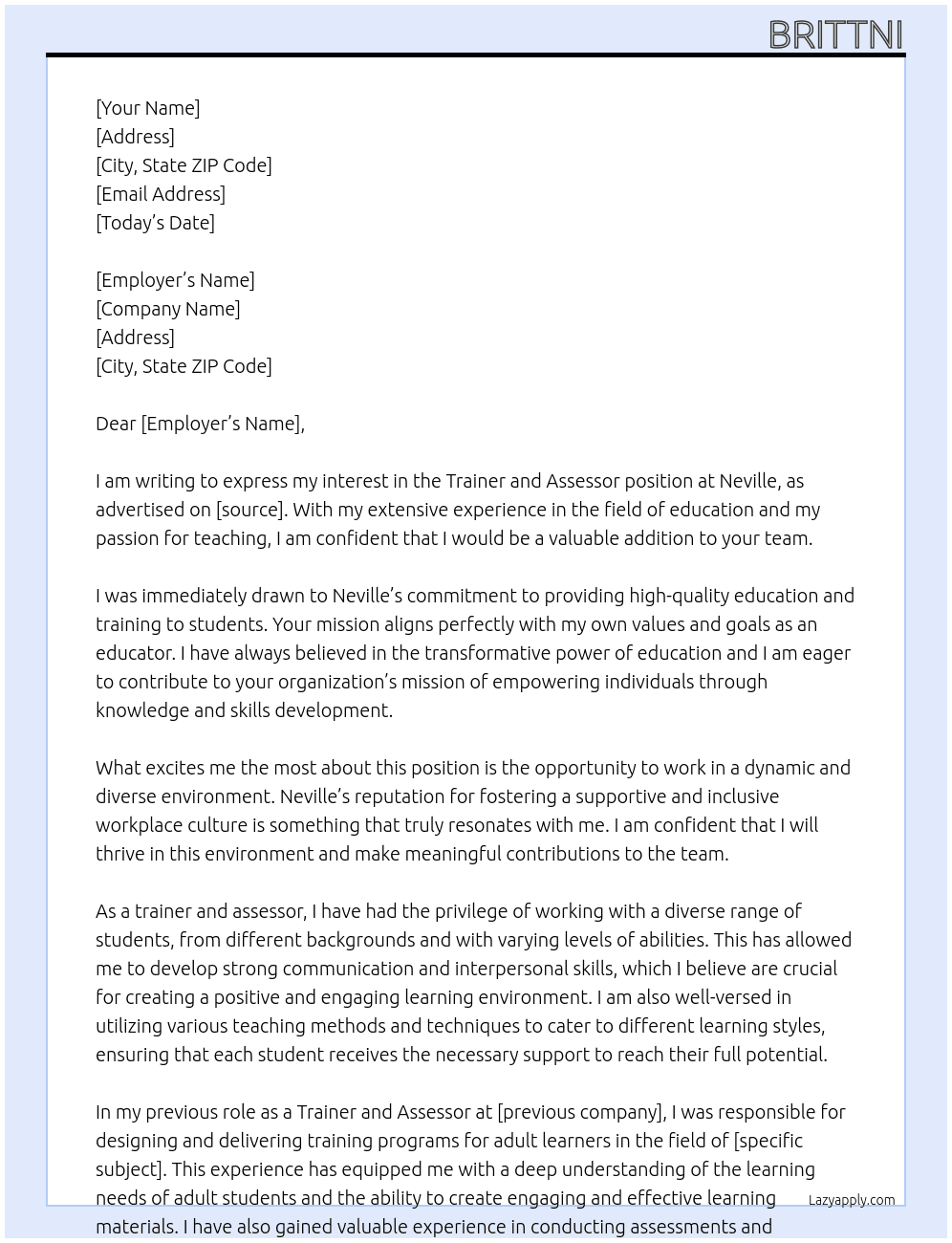 Trainer and Assessor  At Neville Cover Letter