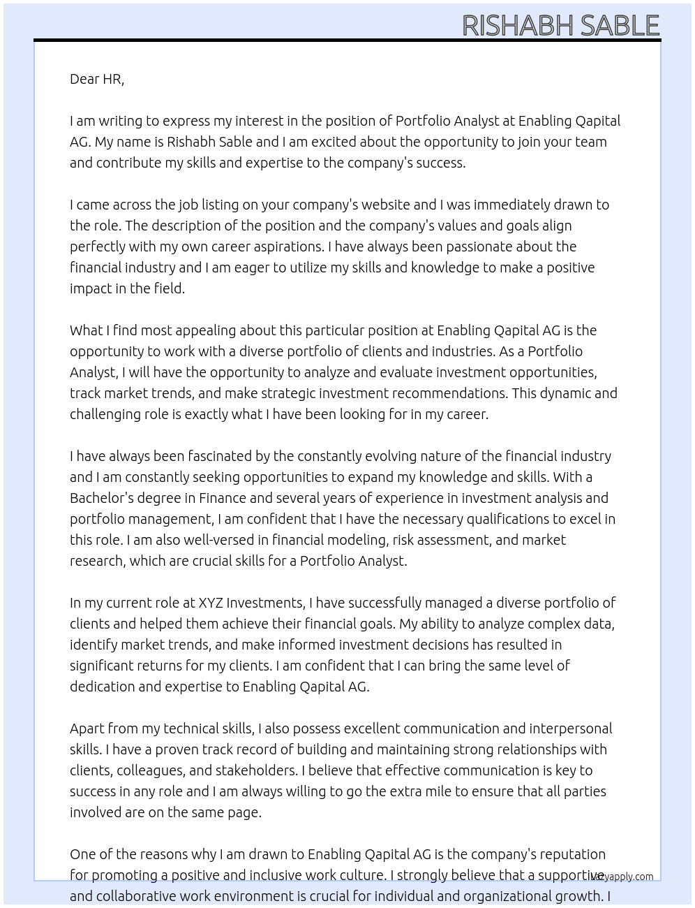 Portfolio Analyst At Enabling Qapital AG  Cover Letter