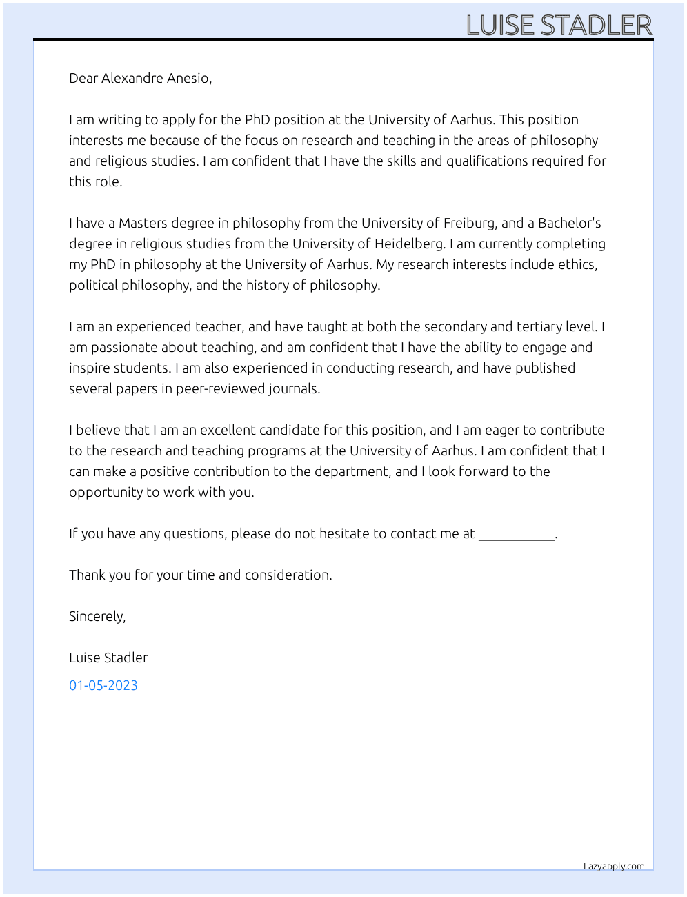 PhD position At University of Aarhus Cover Letter