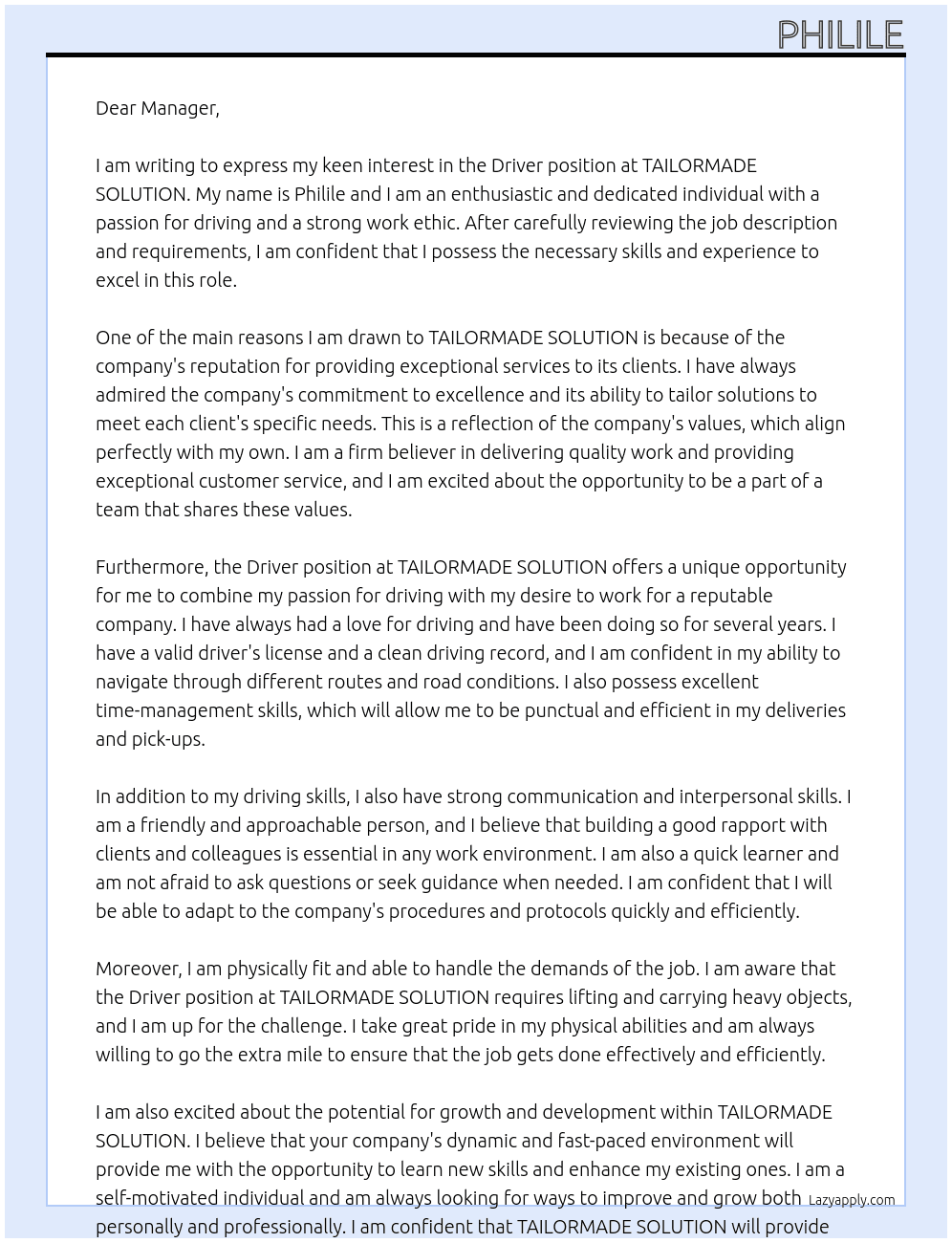 Driver At TAILORMADE SOLUTION Cover Letter