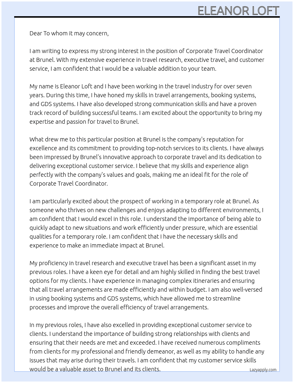 Corporate Travel Coordinator  At Brunel Cover Letter