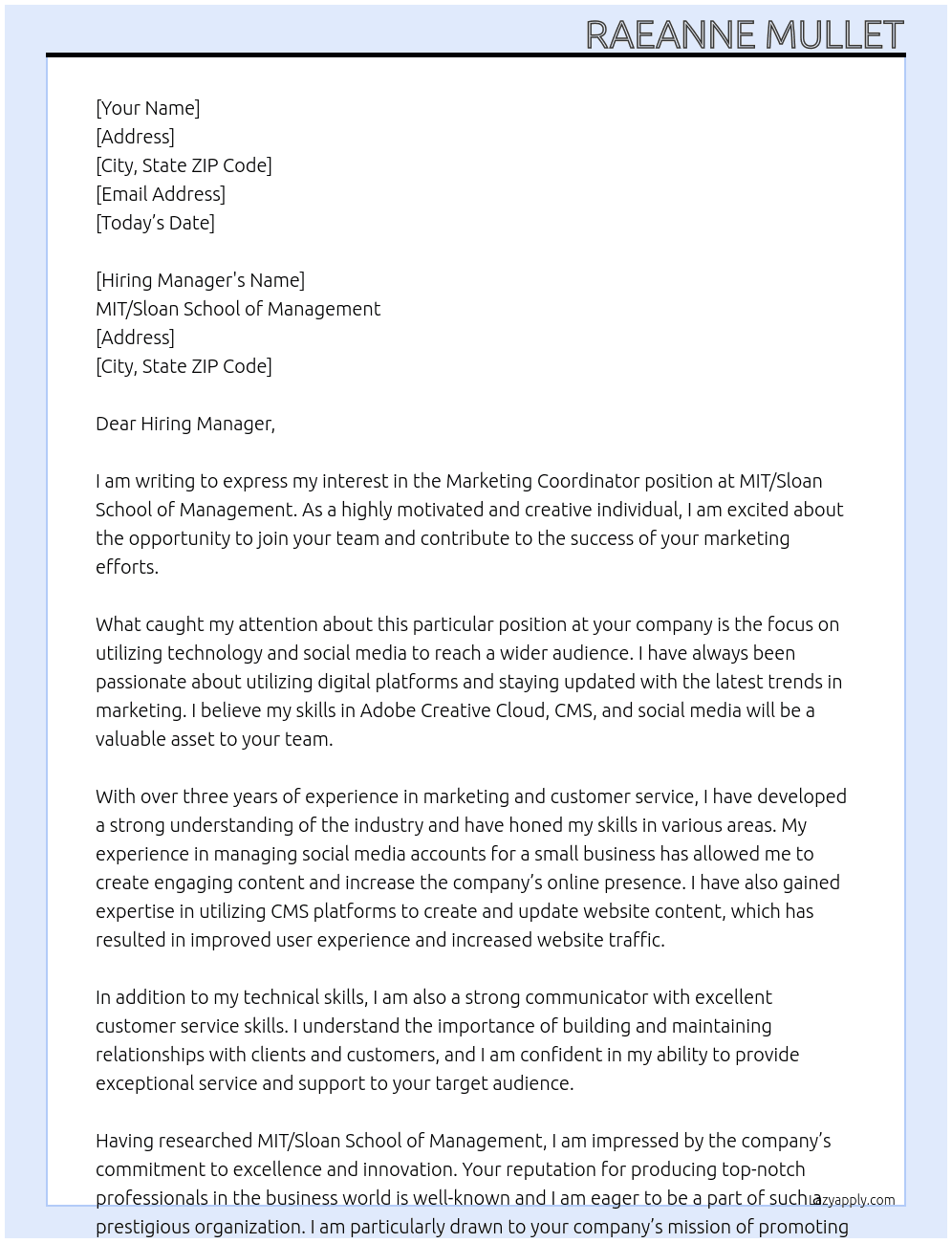 Marketing Coordinator At MIT/Sloan School of Management Cover Letter