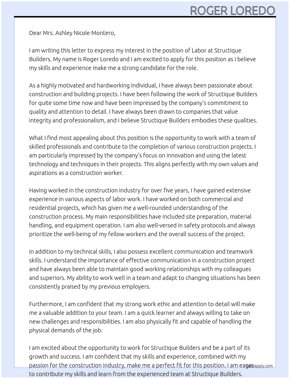 Labor At Structique Builders Cover Letter