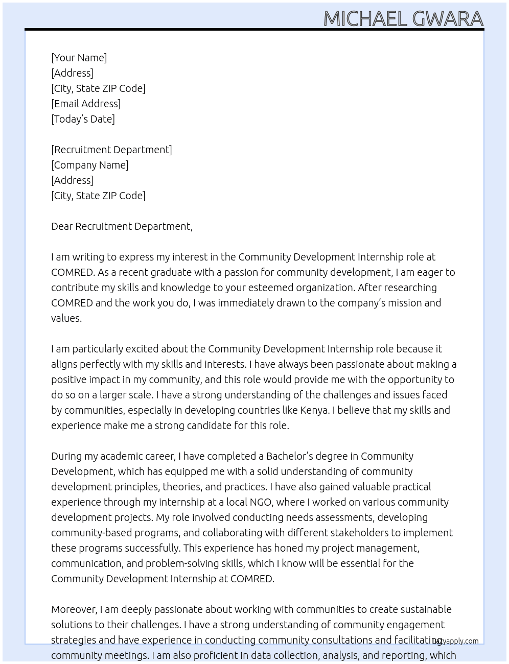Community Development At COMRED Cover Letter