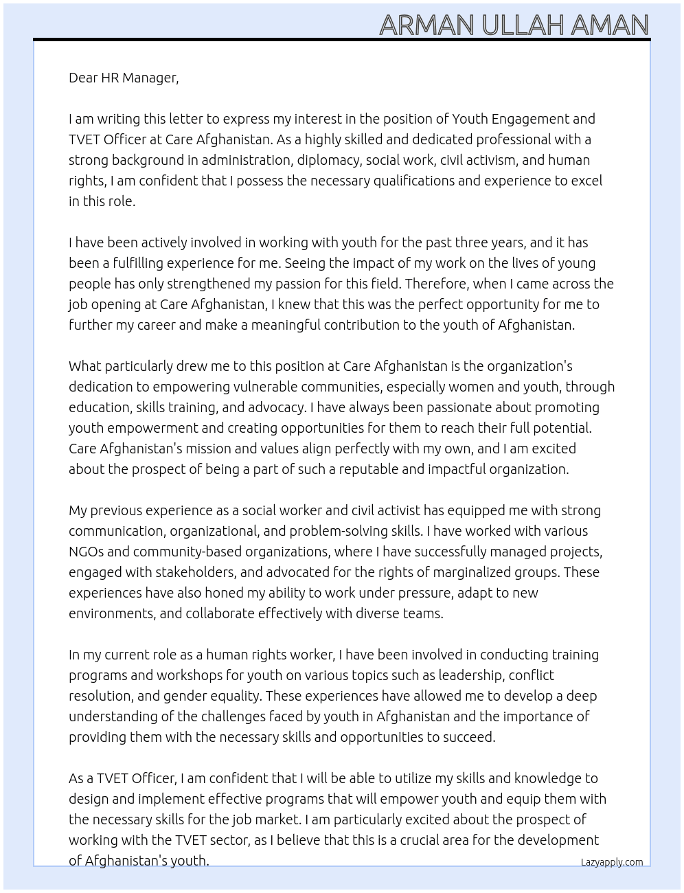 Youth Engagement and TVET Officer At Care Afghanistan  Cover Letter