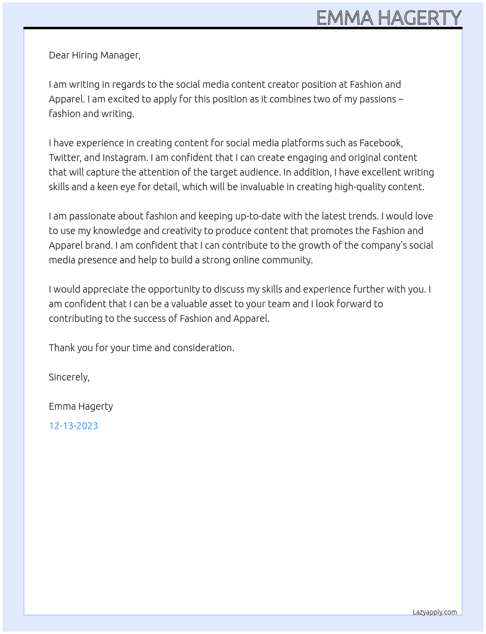 Social Media content creator At Fashion and Apparel Cover Letter