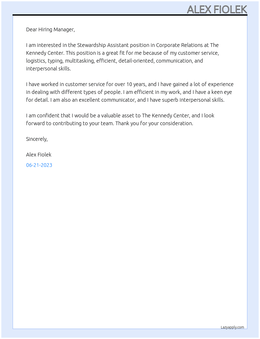 Stewardship Assistant, Corporate Relations At The Kennedy Center Cover Letter