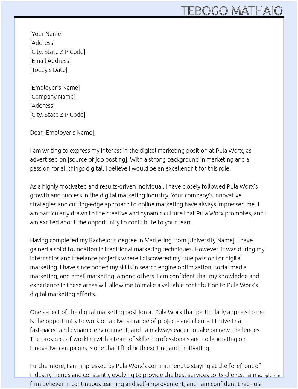 digital marketing At Pula worx Cover Letter