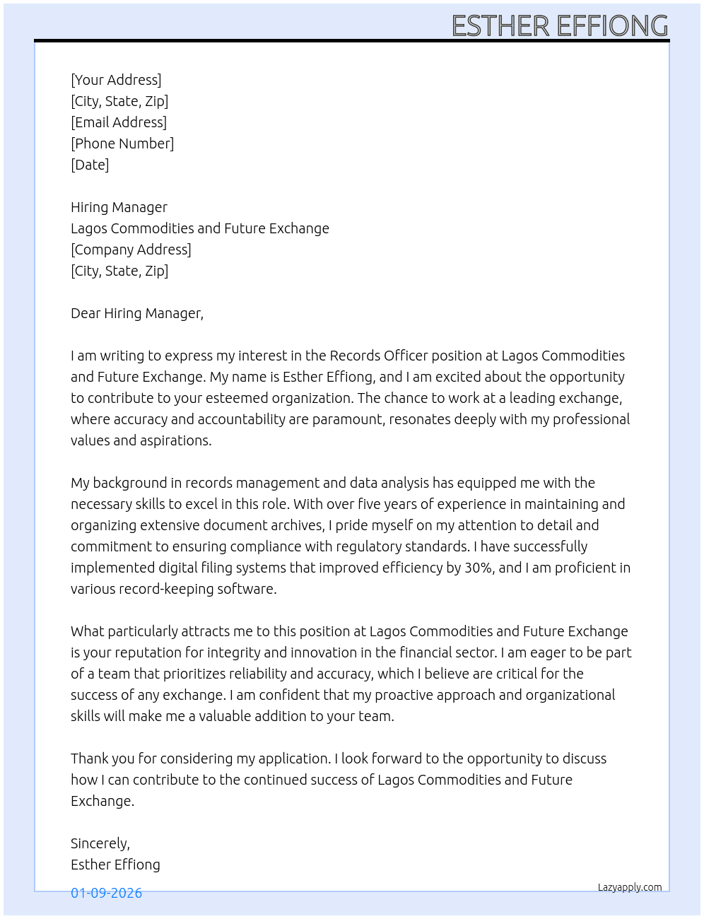 RECORDS OFFICER At LAGOS COMMODITIES AND FUTURE EXCHANGE Cover Letter