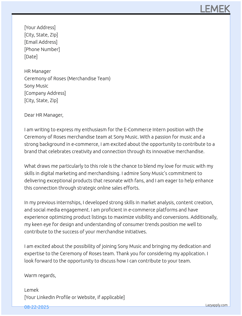 E-Commerce Intern - Ceremony of Roses (Merchandise Team) At Sony music  Cover Letter