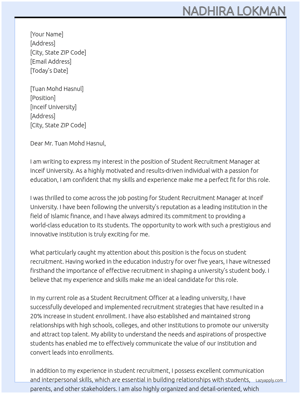 Student Recruitment Manager  At Inceif University Cover Letter