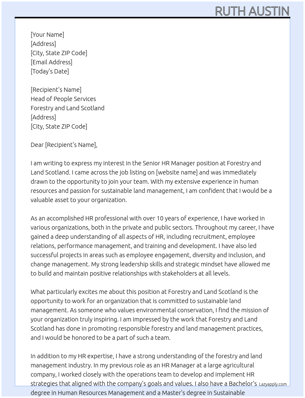 Senior HR Manager At Forestry and Land Scotland Cover Letter
