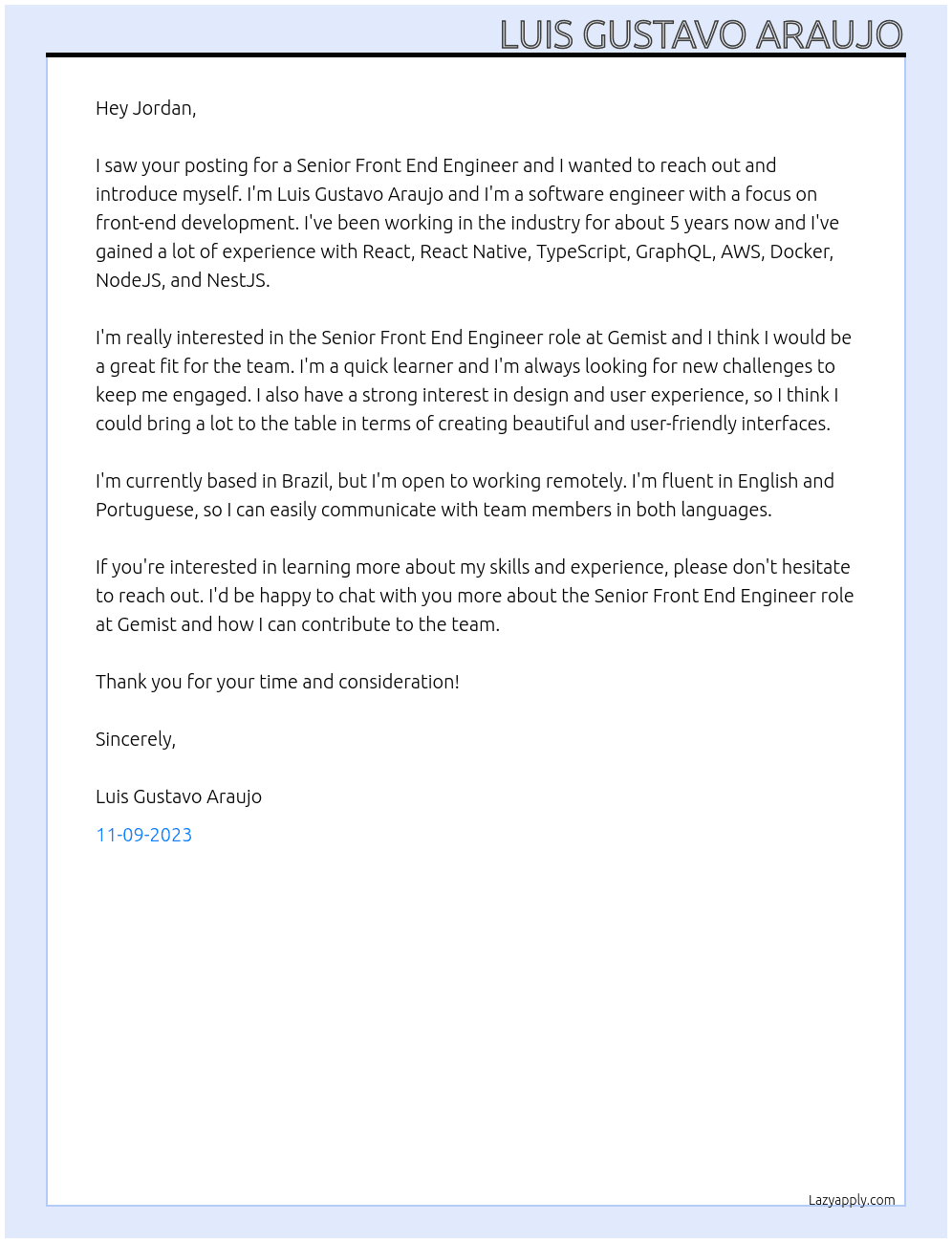 senior front end engineer At Gemist Cover Letter