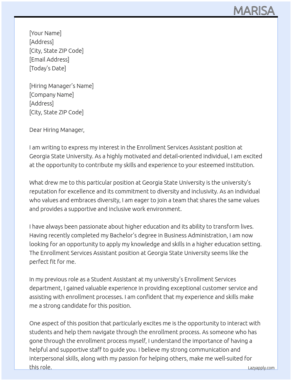 Enrollment Services Assistant At Georgia State University Cover Letter