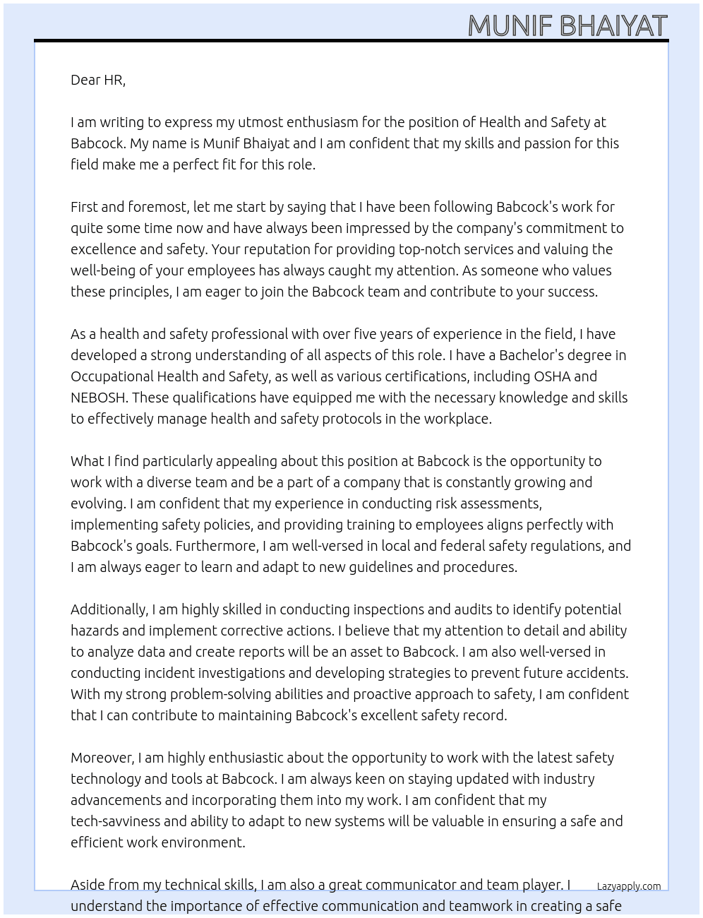 health and safety  At babcock Cover Letter