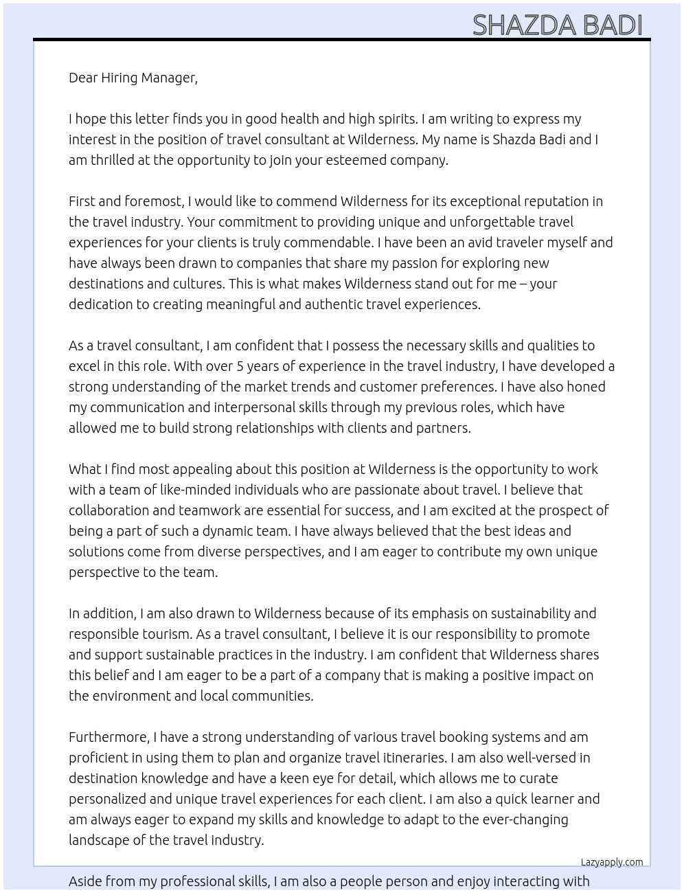 Travel consultant  At Wilderness  Cover Letter
