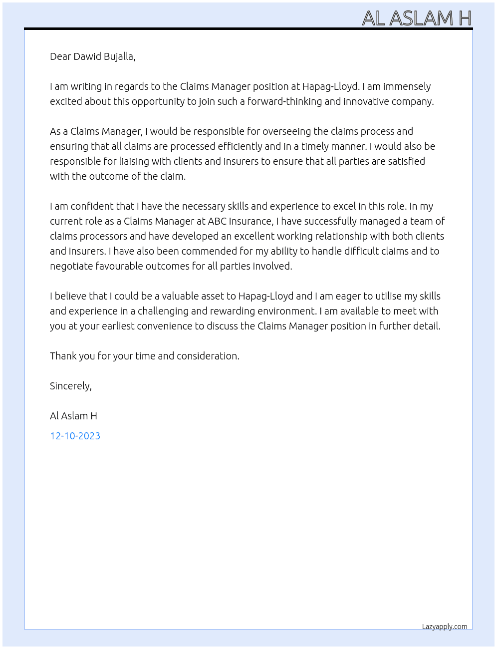 Claims Manager At Hapag-Lloyd Cover Letter