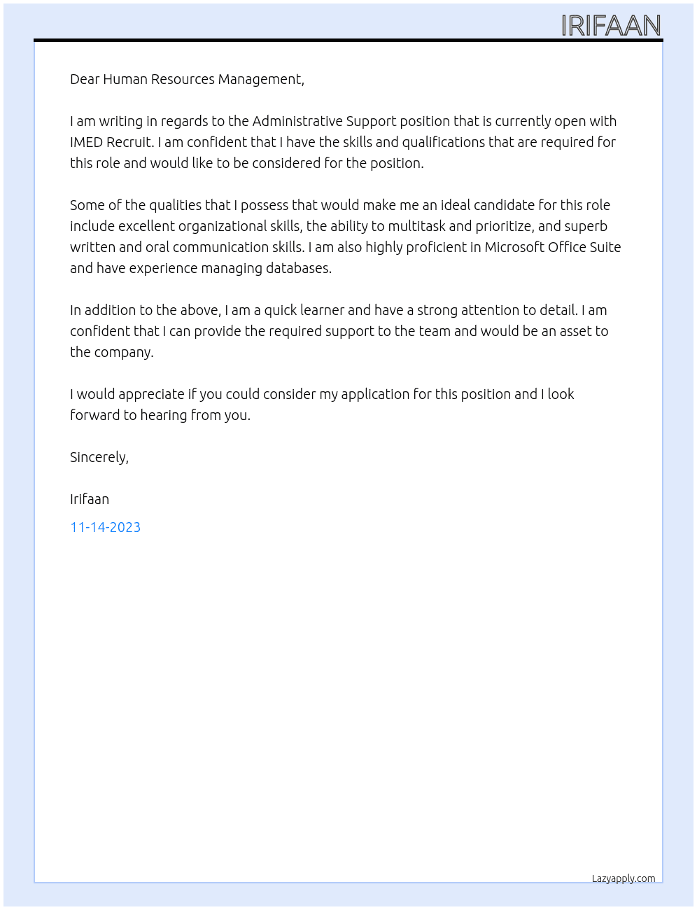 Administrative Support (Remote), Cape Town At IMED Recruit Cover Letter