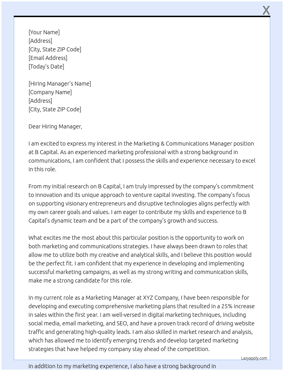 Marketing & Communications Manager At B Capital Cover Letter