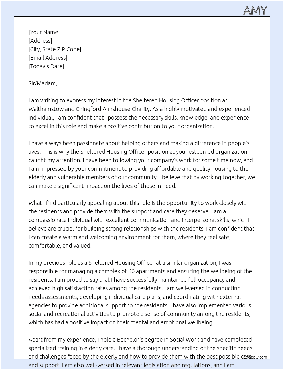 Sheltered Housing Officer  At Walthamstow and Chingford Almshouse Charity Cover Letter