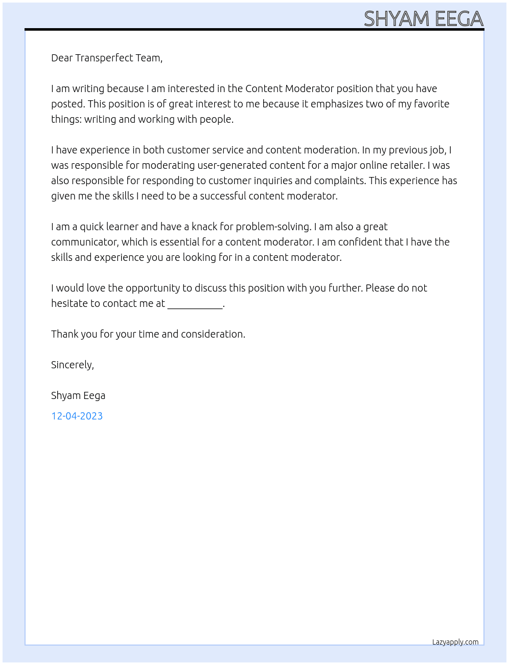 Content Moderator At Transperfect Cover Letter