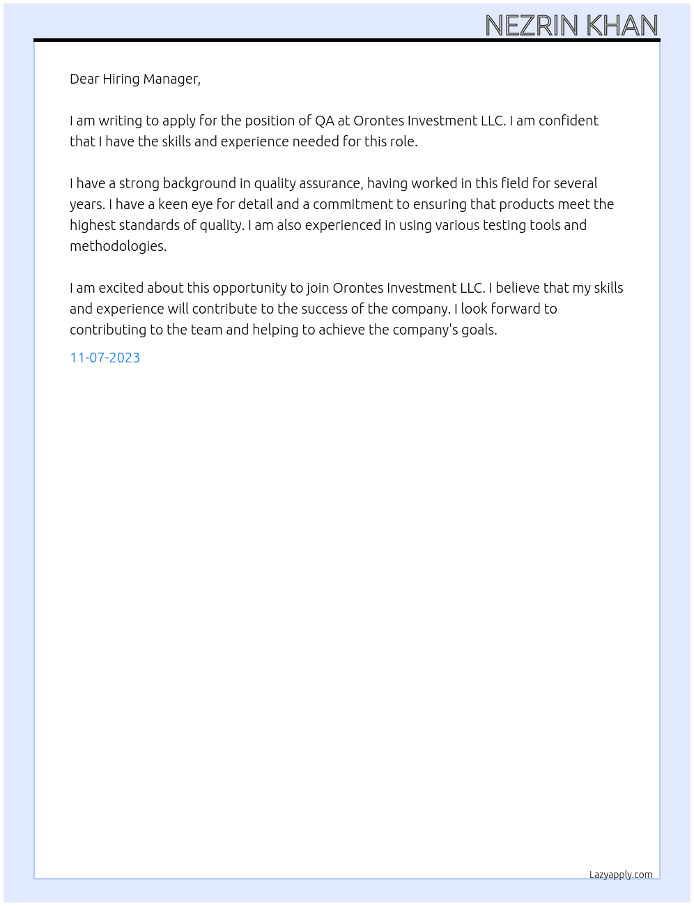 QA At Orontes investment LLC Cover Letter