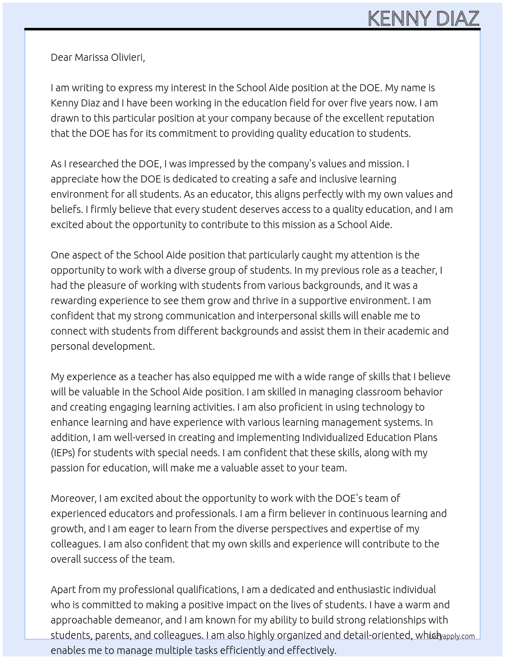 school aide At DOE Cover Letter