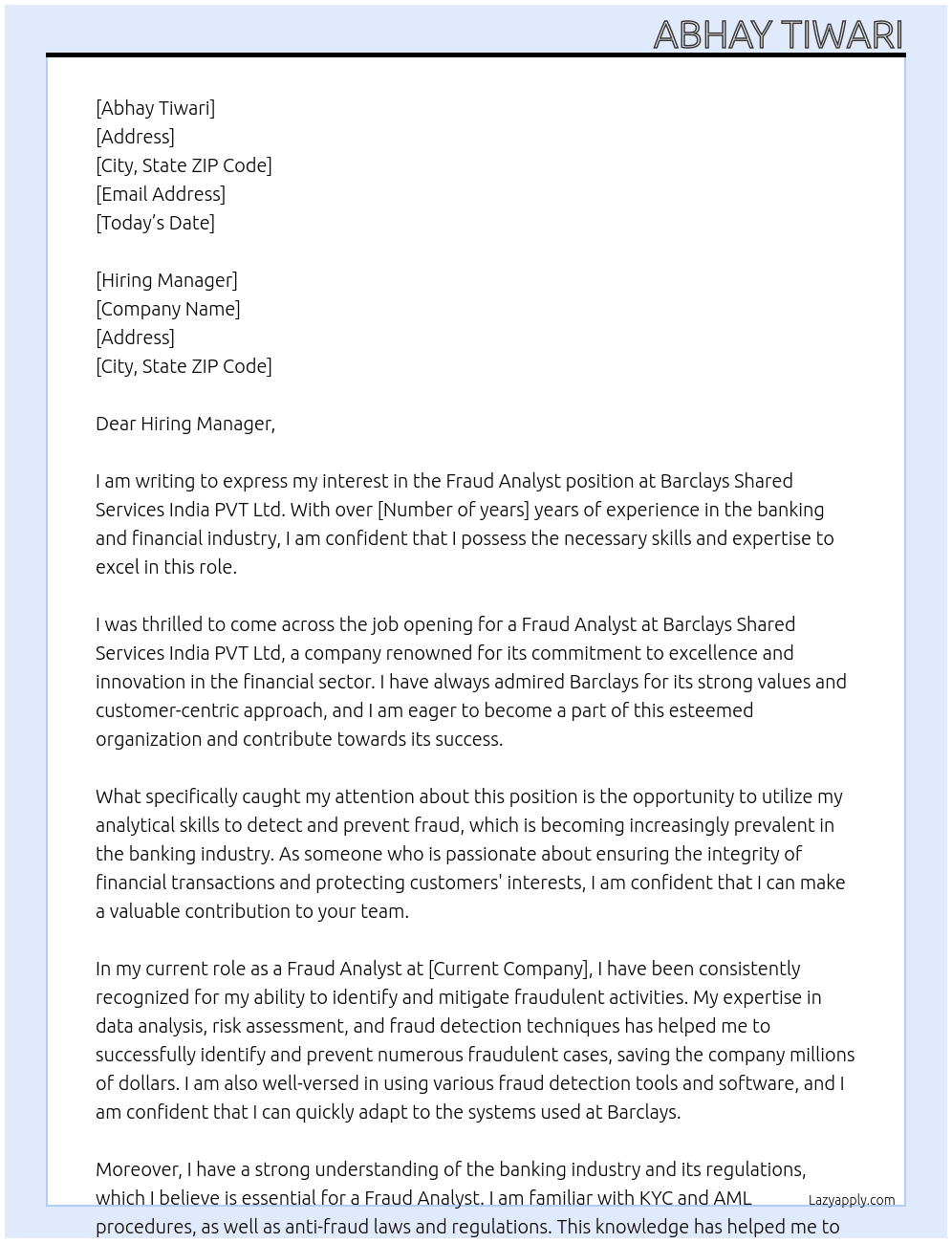 Fraud Analyst At Barclays Shared Services India PVT Ltd Cover Letter