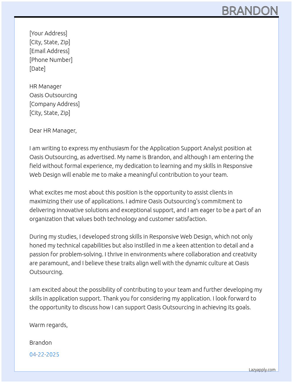 Application Support Analyst At Oasis Outsourcing Cover Letter