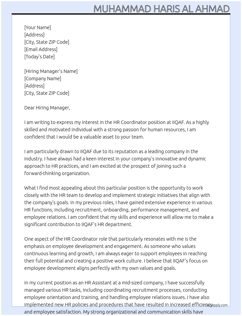 HR Coordinator At IIQAF Cover Letter