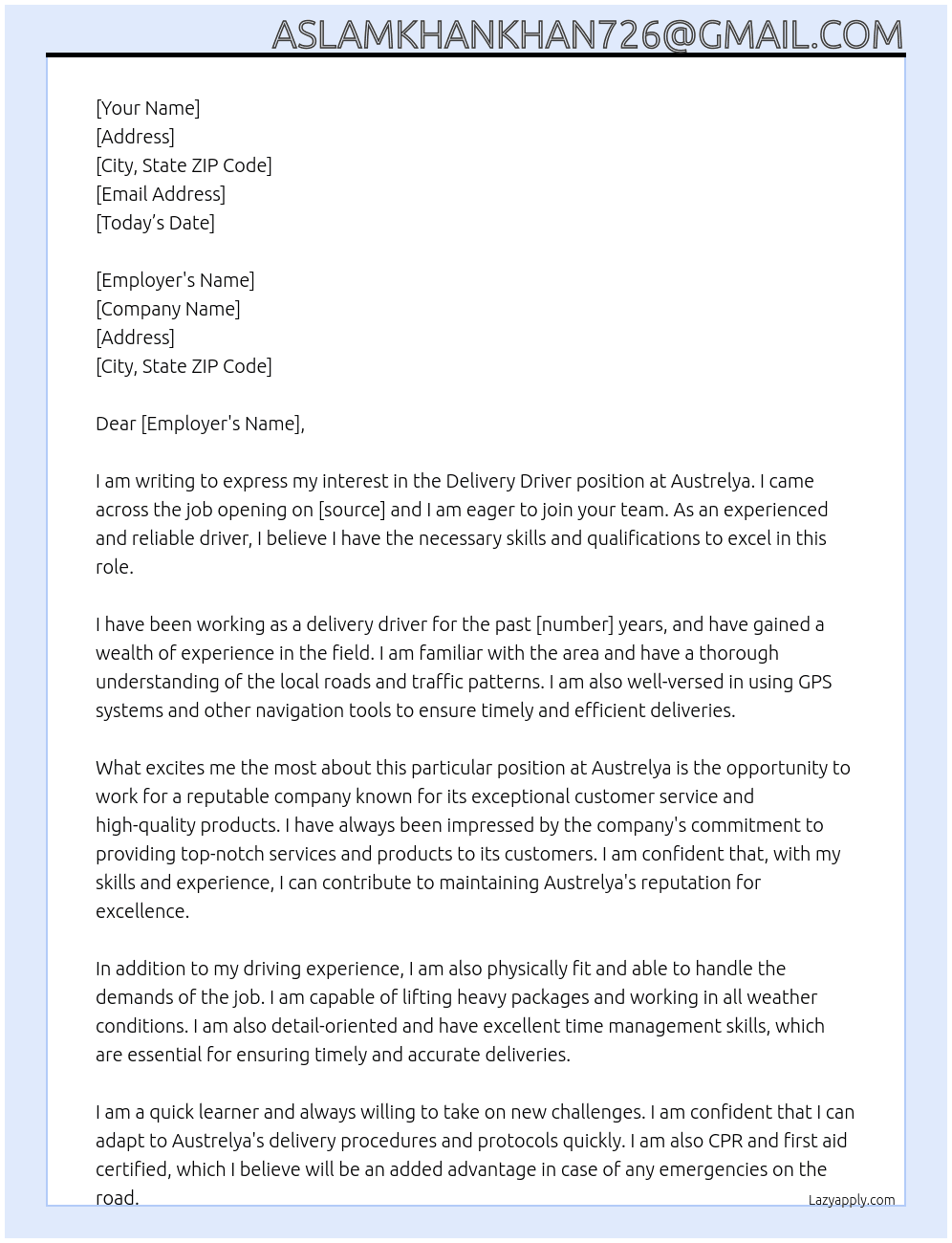 Dilevery driver At Austrelya  Cover Letter