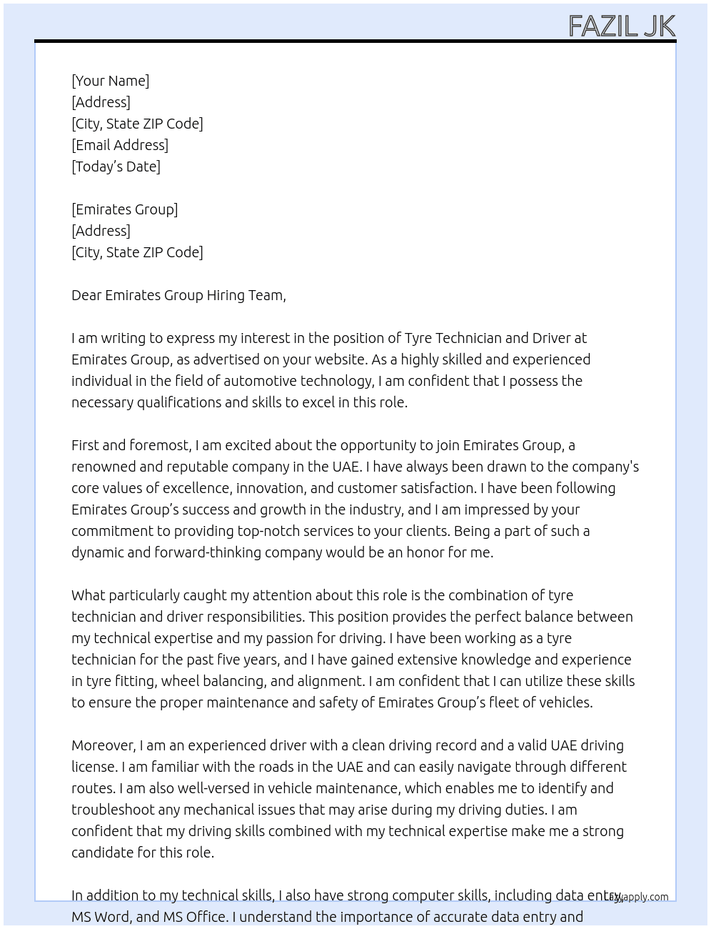 Cover letter for tyre tecnitian and driver - LazyApply