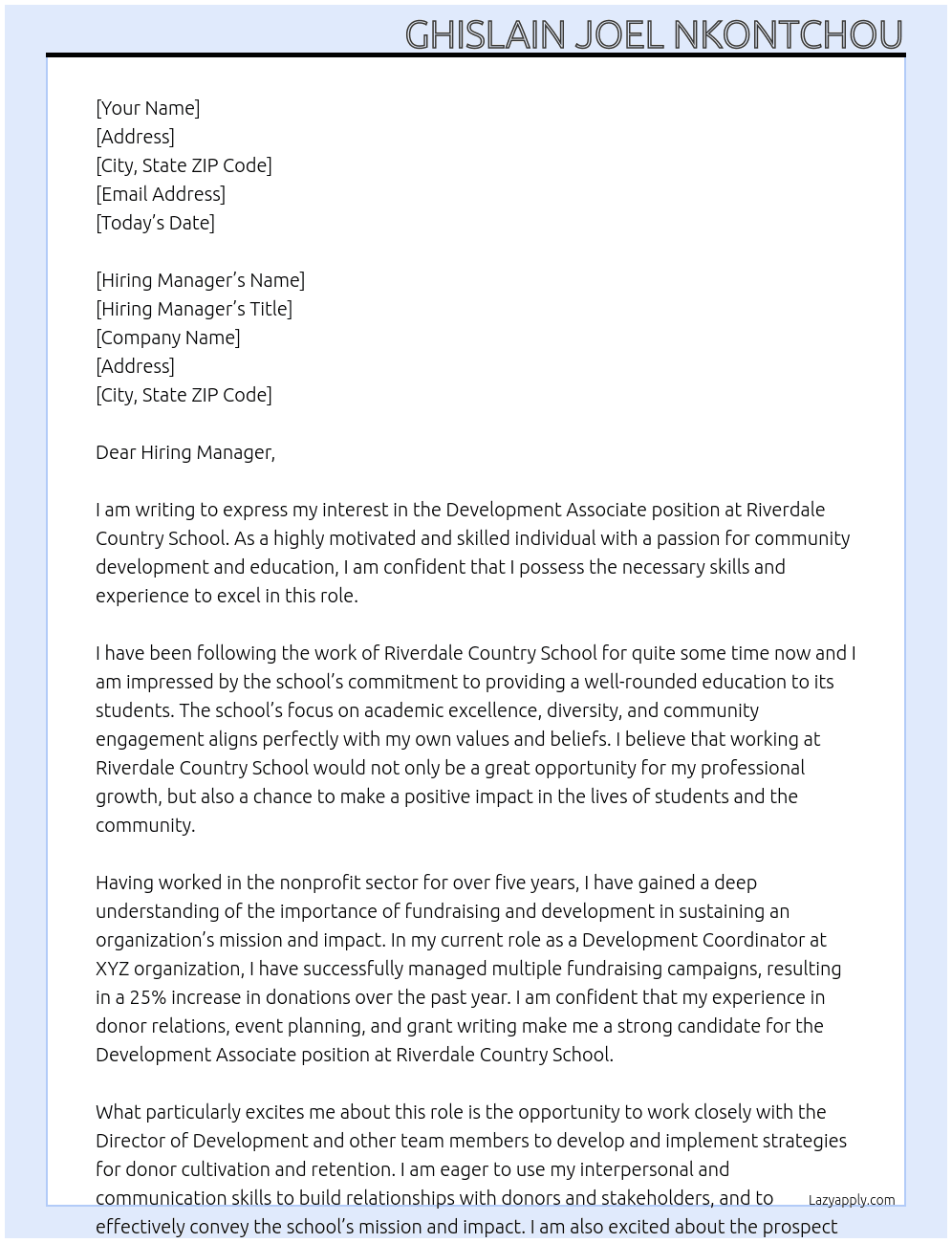 Development Associate At Riverdale Country School Cover Letter