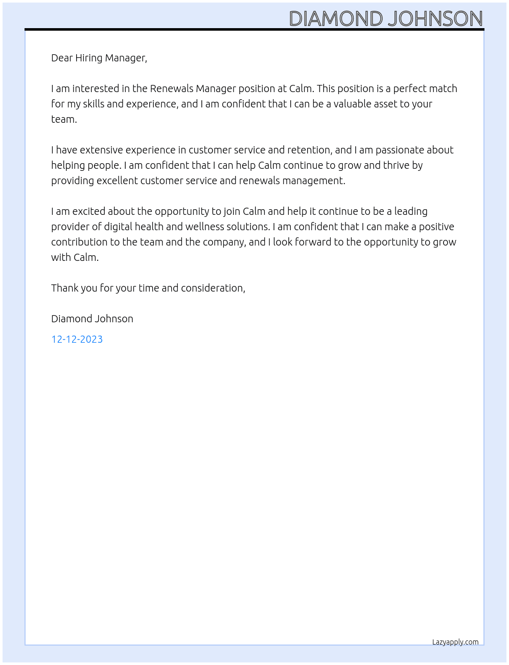 renewals manager At Calm Cover Letter