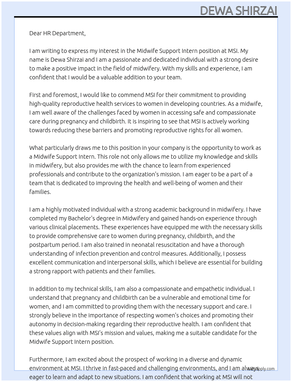 Midwife Support Intern At MSI Cover Letter