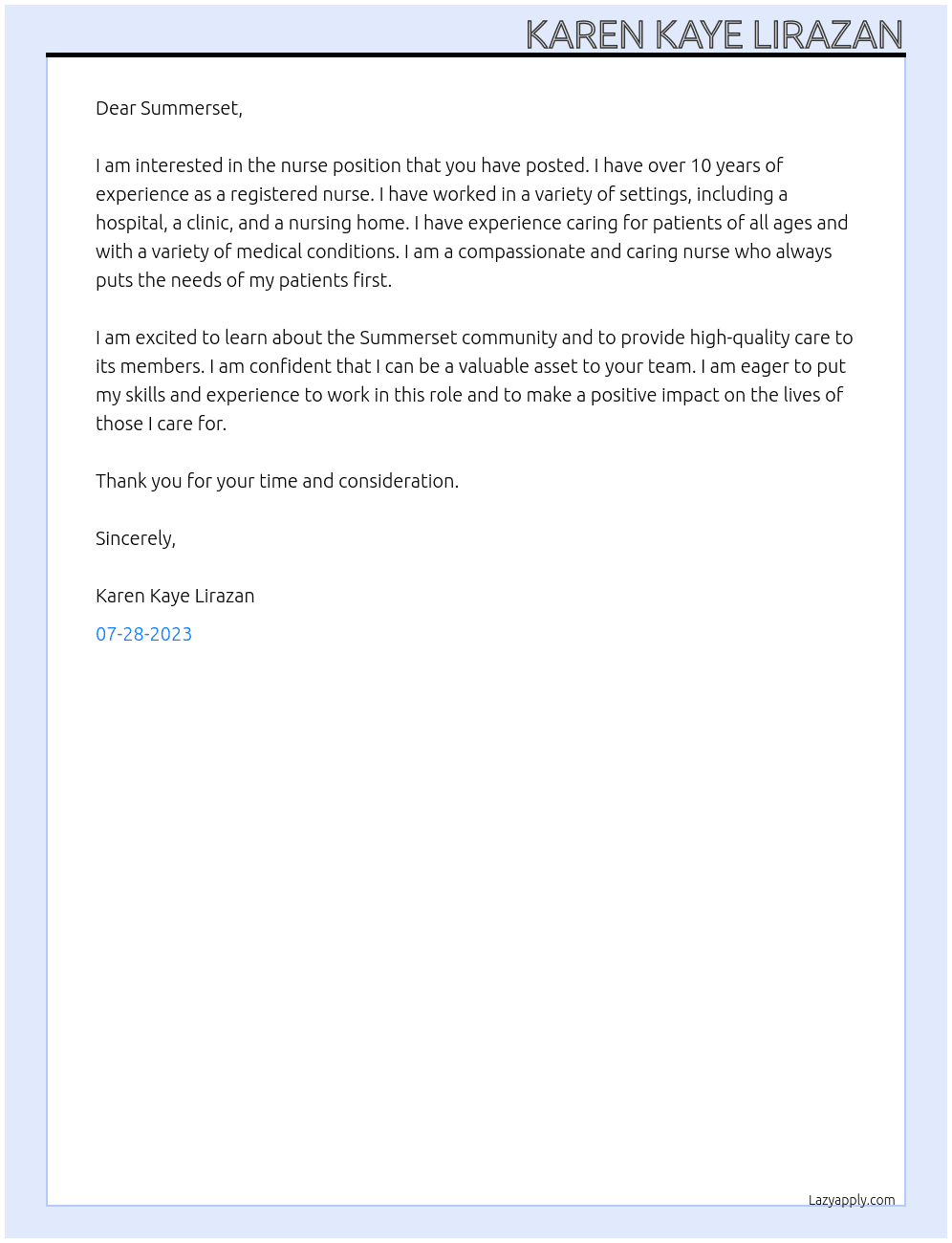 nurse At summerset Cover Letter