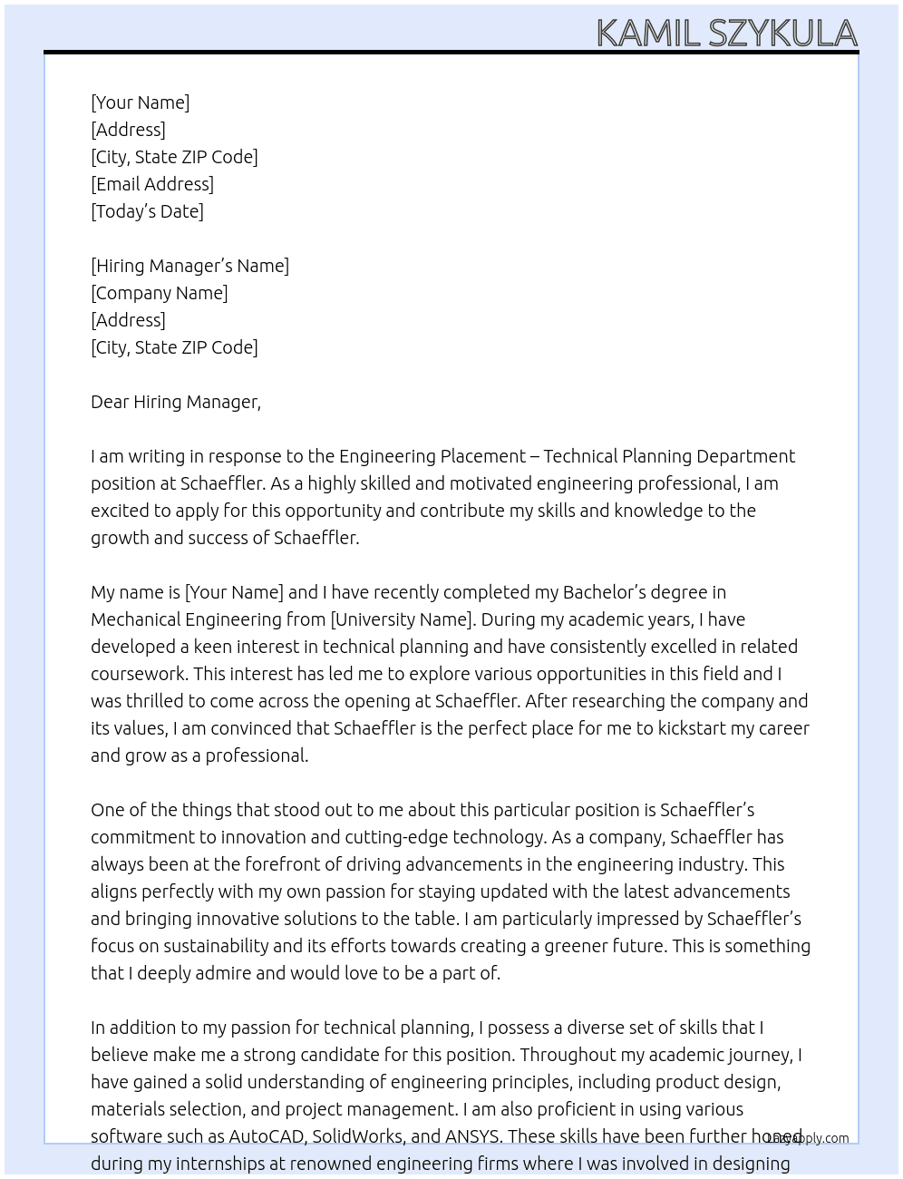 ENGINEERING PLACEMENT – TECHNICAL PLANNING DEPARTMENT SCHAEFFLER At SCHAEFFLER Cover Letter