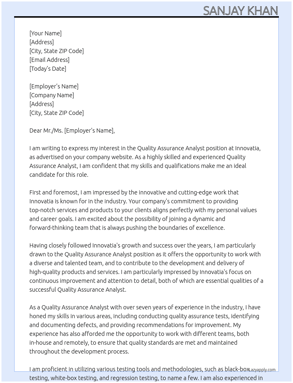 Quality Assurance Analyst At Innovatia Cover Letter