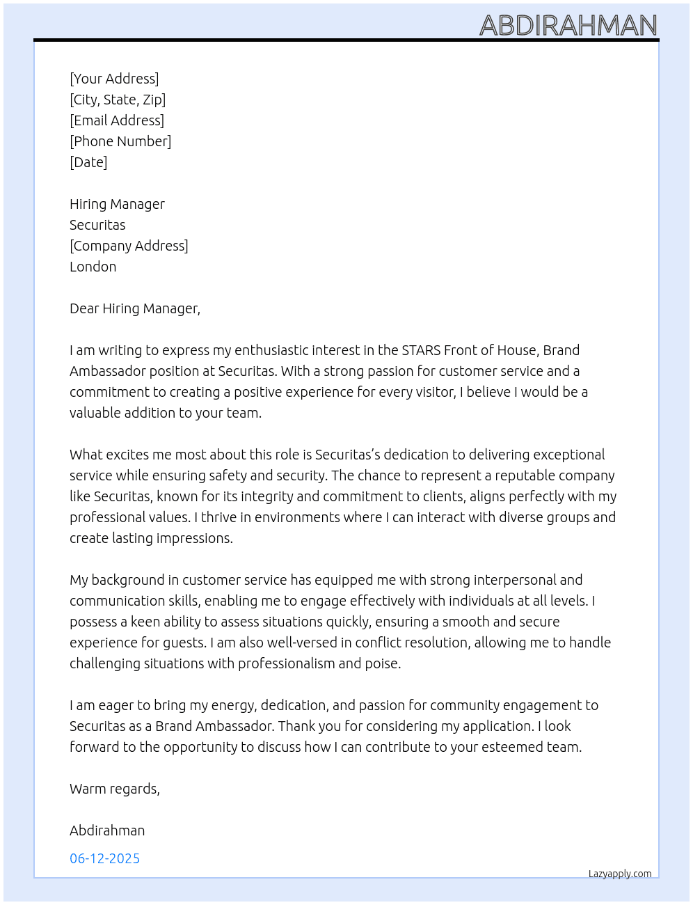 STARS Front of House, Brand Ambassador, London At securitas Cover Letter