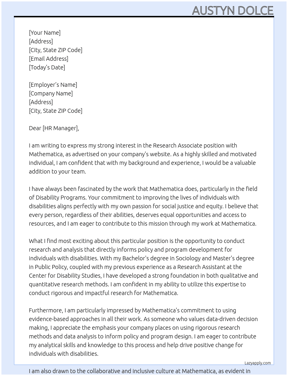 Research Associate, Disability Programs At Mathematica Cover Letter