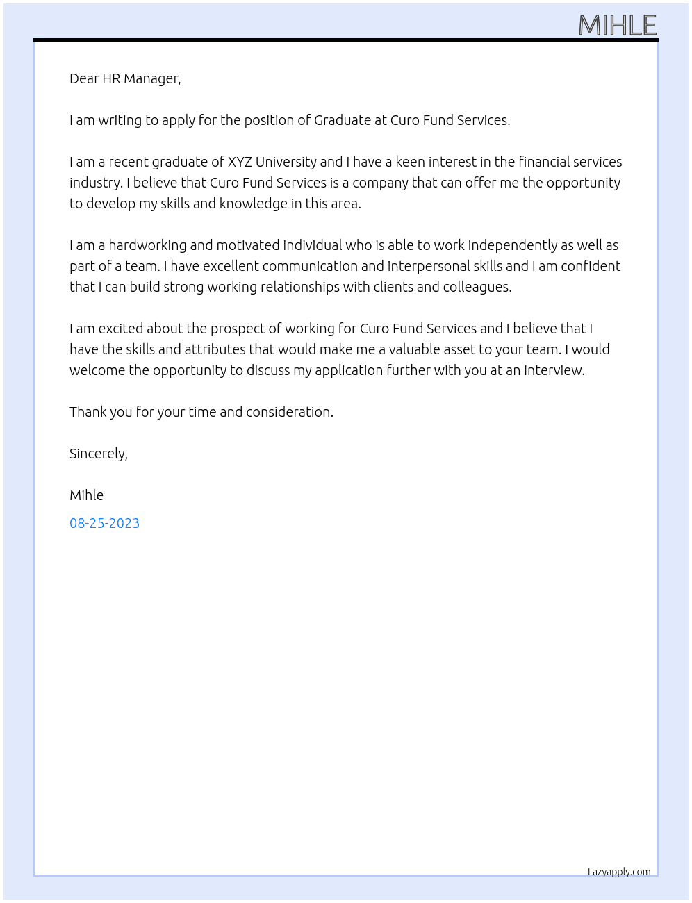Graduate At Curo Fund Services Cover Letter