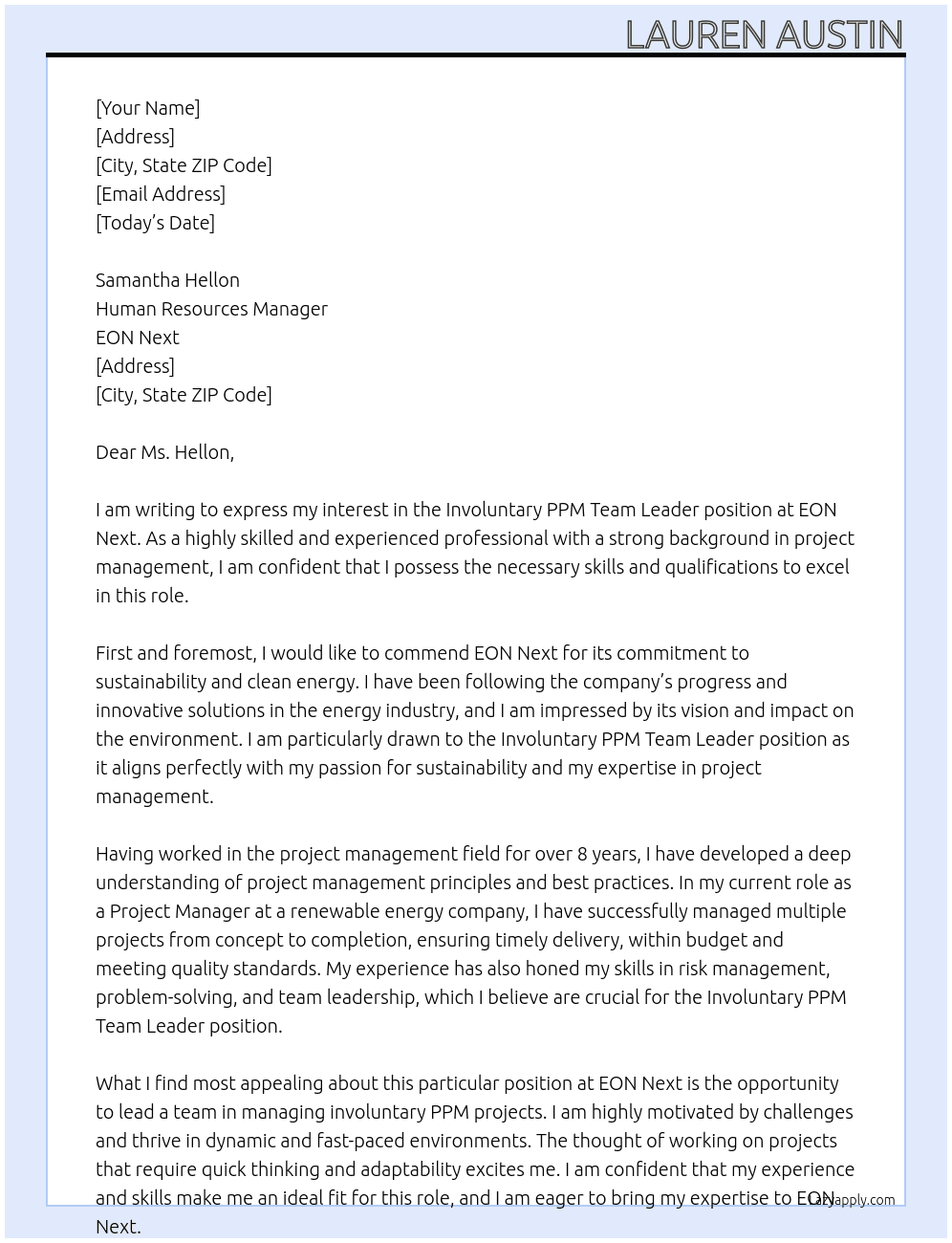 Involuntary PPM Team Leader At EON Next Cover Letter