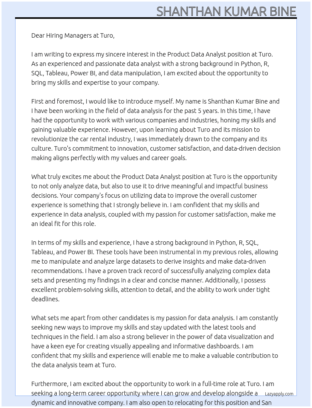 Product Data Analyst At Turo Cover Letter